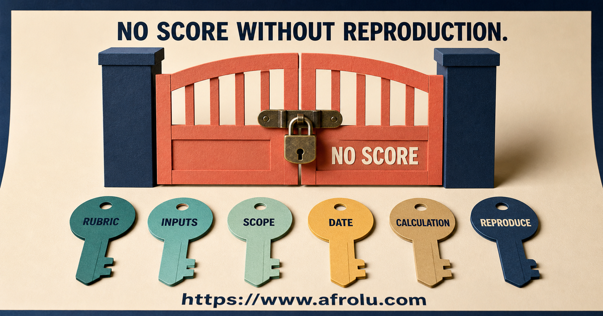 A locked no-score gate waits for six keys labelled rubric inputs scope date calculation and reproduce