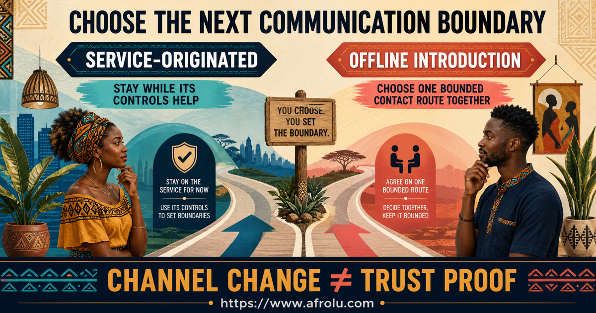 Two lanes distinguish a service-originated conversation from an offline introduction and state that a channel change is not trust proof
