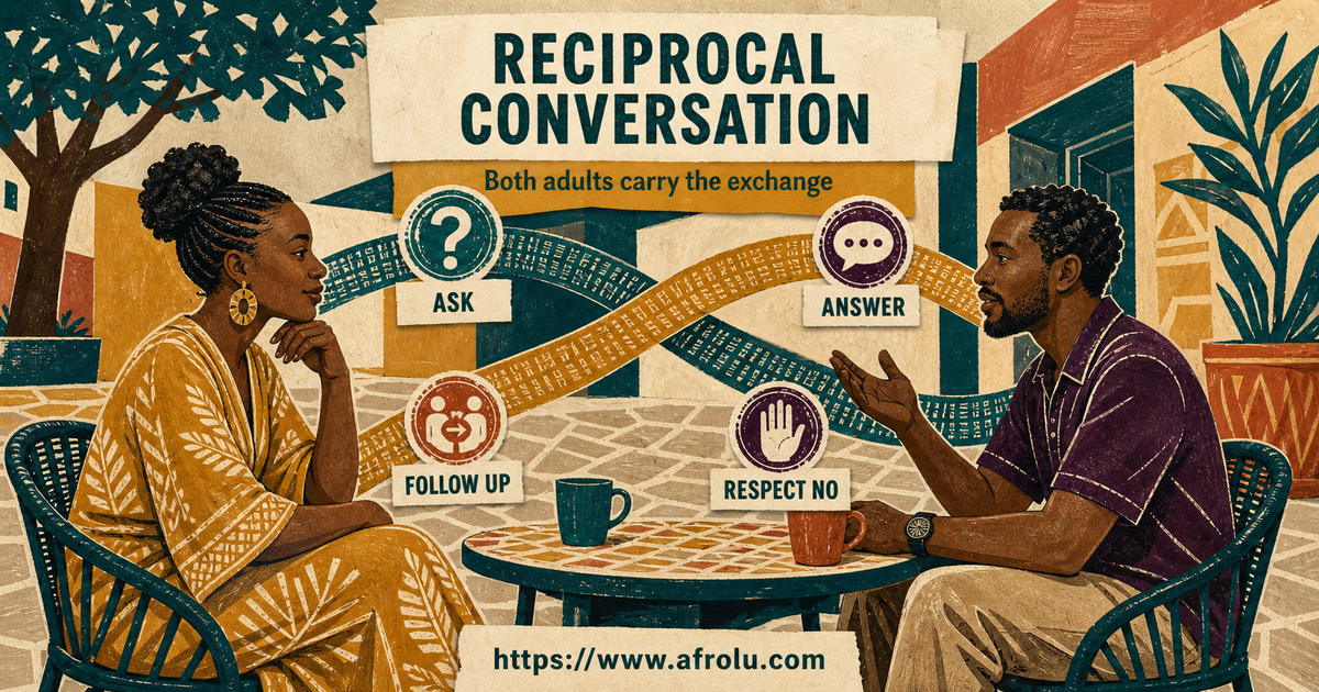 Two adult Kenyans use balanced conversation ribbons for asking answering following up and respecting no